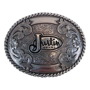 Justin Brand Silver Western Engraved Cowboy Belt Buckle